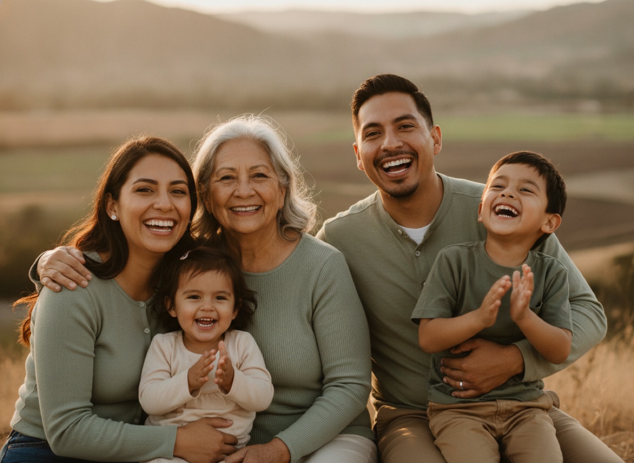 Familia de varias generaciones riendo juntos al aire libre